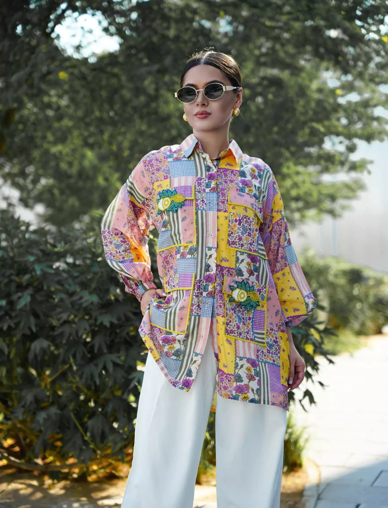 Women's Blouse with Wide CollarLime Medley Embellished Shirt