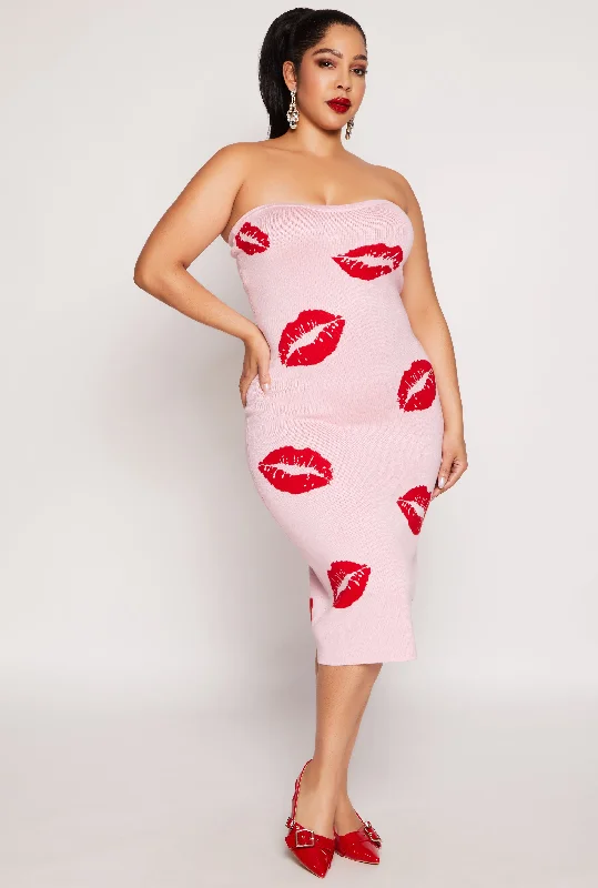 Women's Boat Collar DressesPlus Size Almost Famous Lip Print Midi Tube Dress