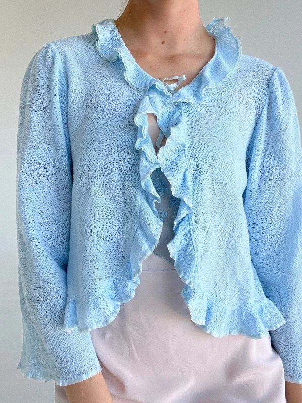 women's pajamas with a relaxed fitBaby Blue Knit Ruffle Cardigan