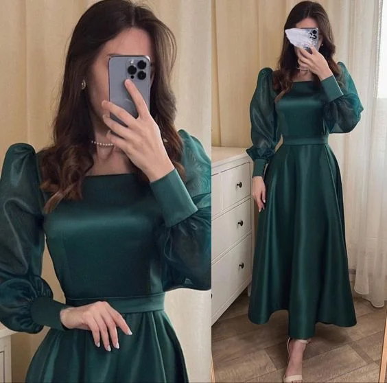 Women's U-Back DressesGreen Party Dress Fashion Formal Tea Length Dress     S3307