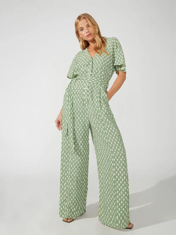 Women's Jumpsuits with Mandarin CollarGreen Diamond Print Jumpsuit