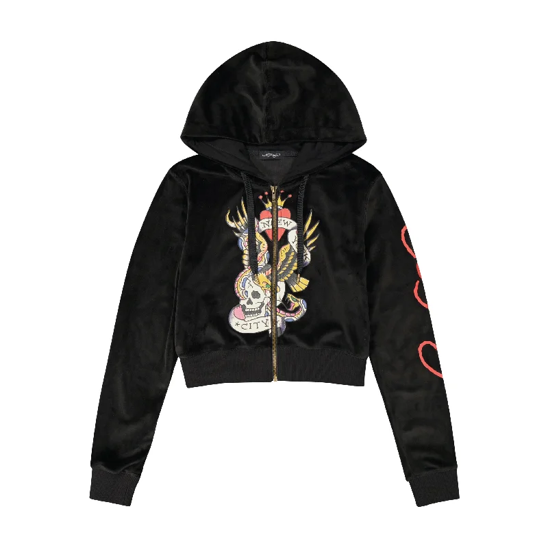 Women's Hooded Sweatshirts with Patch PocketsNYC Skull Y2K Velour Hoodie