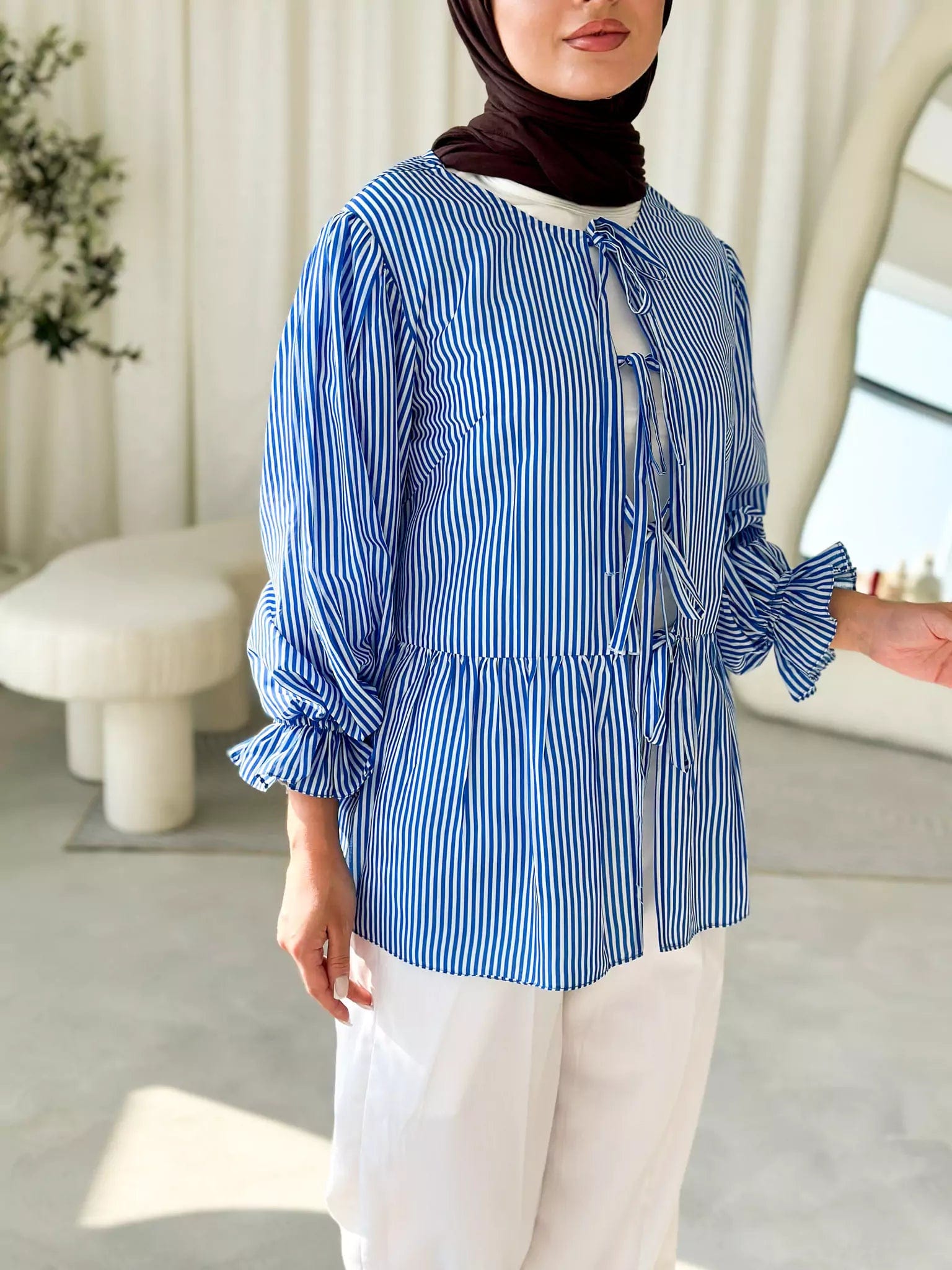 Women's Blouse with High CollarBlue Coquette Stripes Shirt