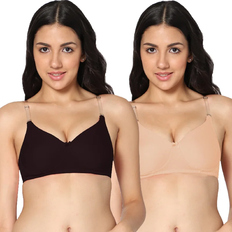 wireless bra with ruched sides for slimmingT-shirt Medium Coverage Black and Skin Color Padded Bra (Pack of 2)