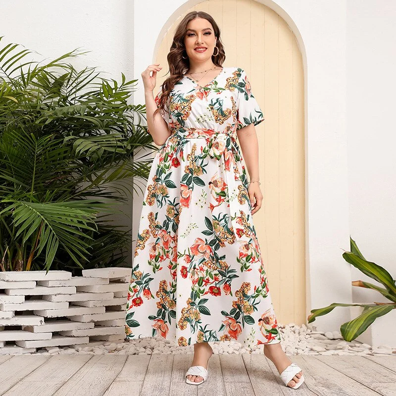 Women's Keyhole-Neck DressesBerriesJam - 2024Plus Size V Neck Elegant Floral Short Sleeve Maxi Dress