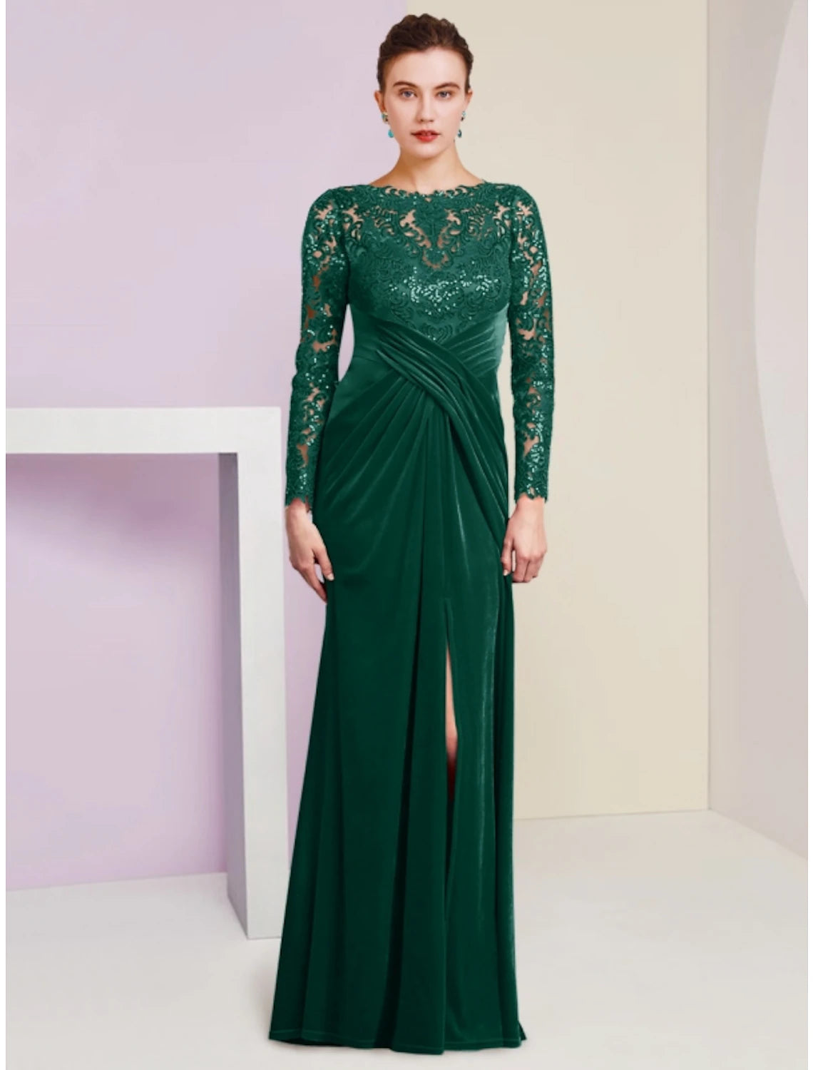  Women's A-Line DressesA-Line Mother of the Bride Dress Wedding Guest Party Elegant Scoop Neck Floor Length Velvet Long Sleeve with Lace Sequin Split Front