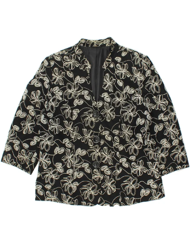 Women's Coats with Fur Trimmed HoodEWM Womens 3 Button 3/4 Sleeve Blazer Jacket UK 14 Medium  Black Floral