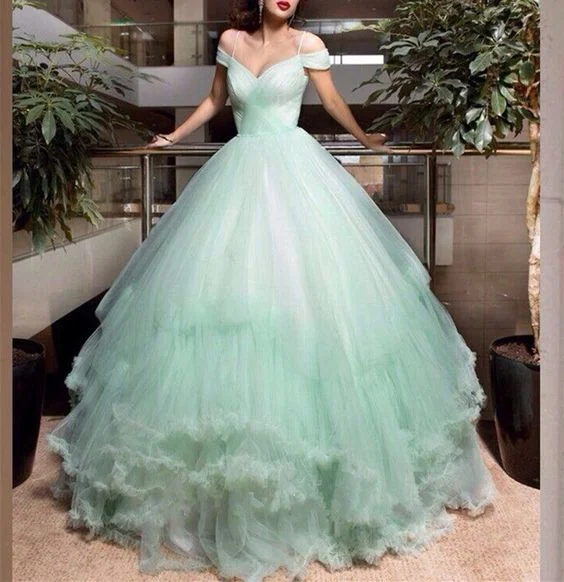 Women's V-Neck DressesLovely Sage Green Tulle Prom Dress, Junior Party Dress Formal Dress     S3347