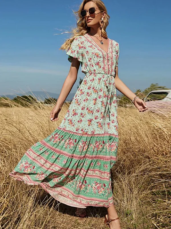 Women's Square Collar DressesBerriesJam - Countryside Bohemian Casual Maxi Dress