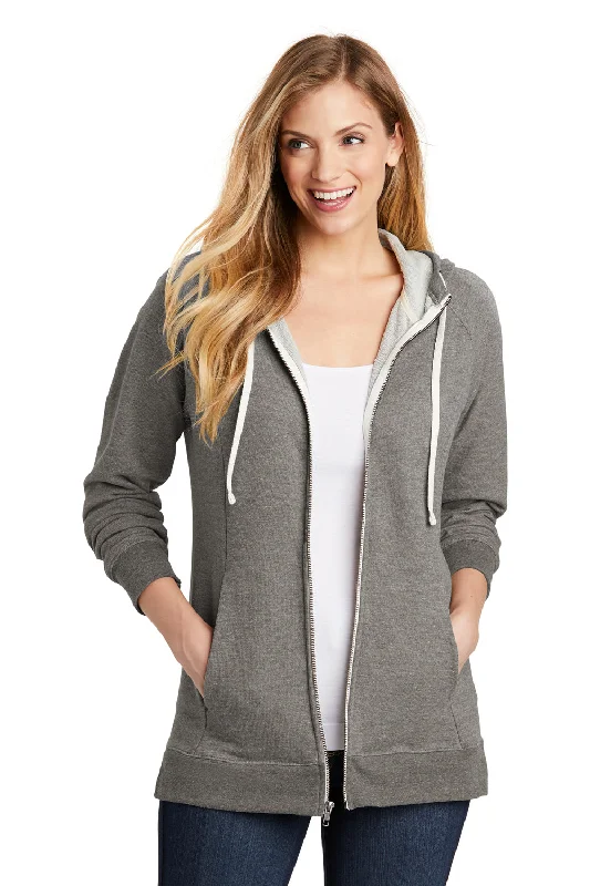 Women's Hooded Sweatshirts with Mid WaistDistrict Womens Perfect French Terry Full Zip Hooded Sweatshirt Hoodie w/ Pockets - Grey Frost - Closeout