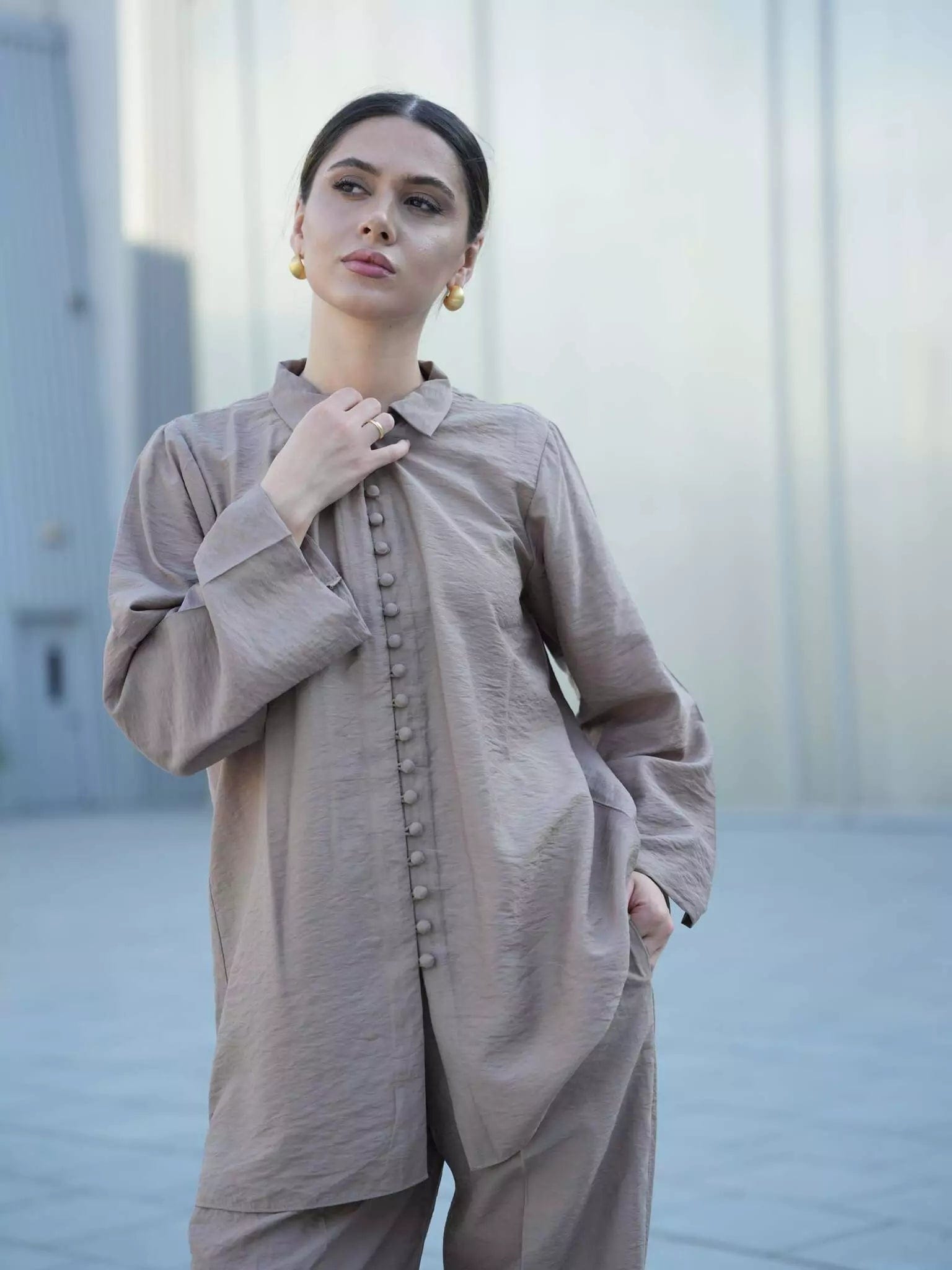 Women's Blouse with Gathered SleevesSepia Linen Shirt