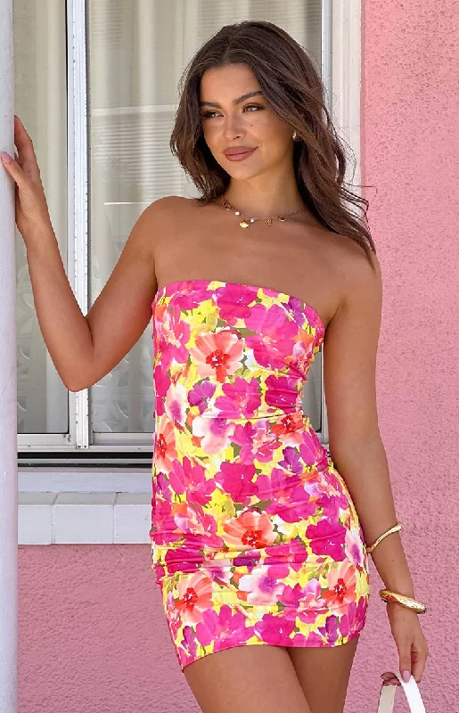 Women's Boat-Back DressesLee Yellow Floral Pop Strapless Mini Dress