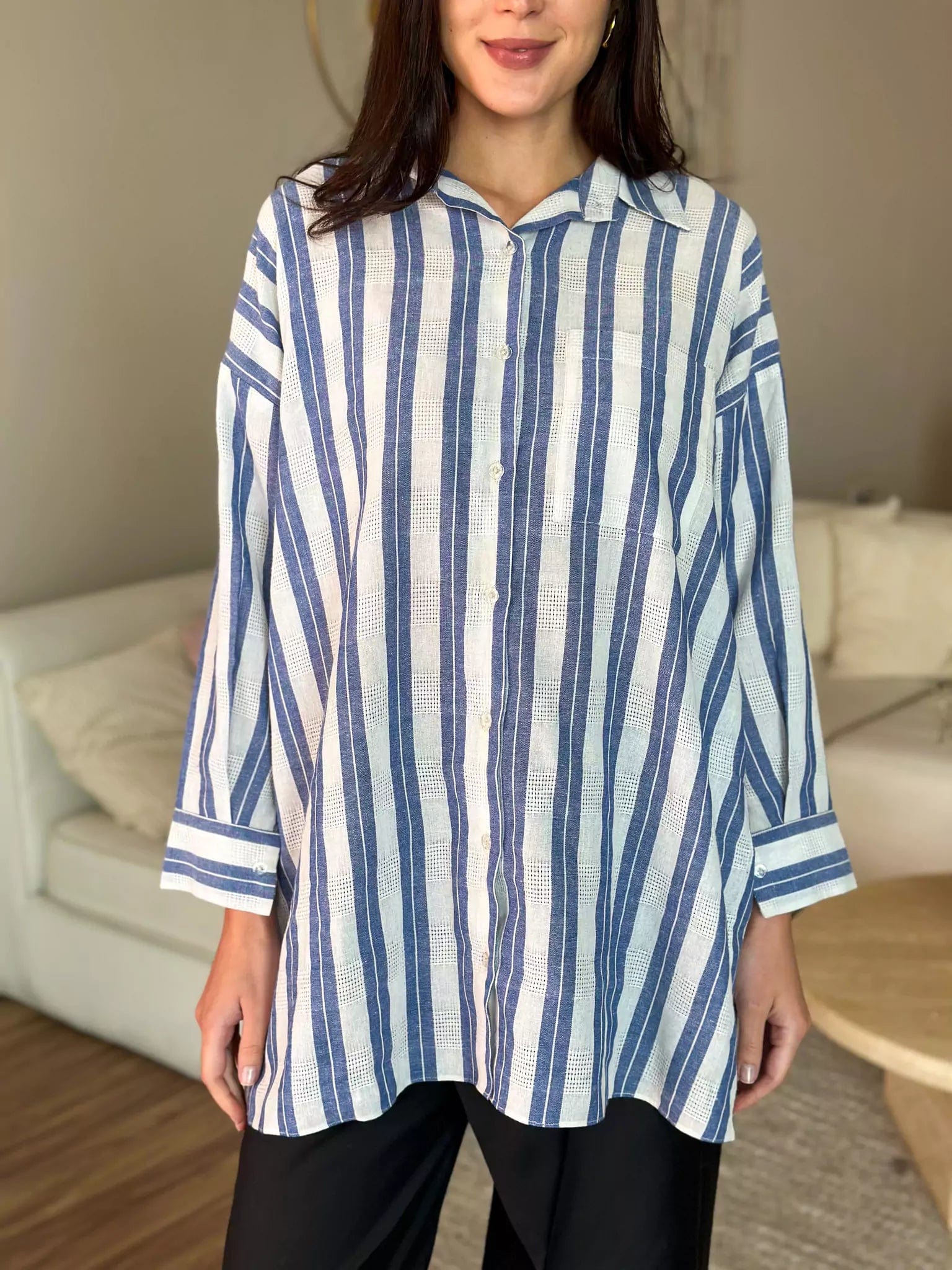 Women's Blouse with FrillsBlue Stripes Button Down Long Shirt