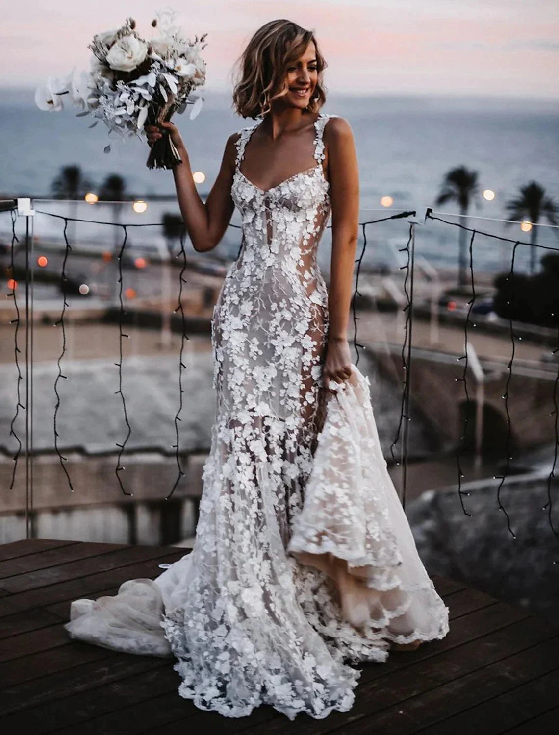 Women's Keyhole-Neck DressesBeach Sexy Boho Wedding Dresses Mermaid / Trumpet Sweetheart Regular Straps Court Train Lace Bridal Gowns With Appliques Summer Fall Wedding Party