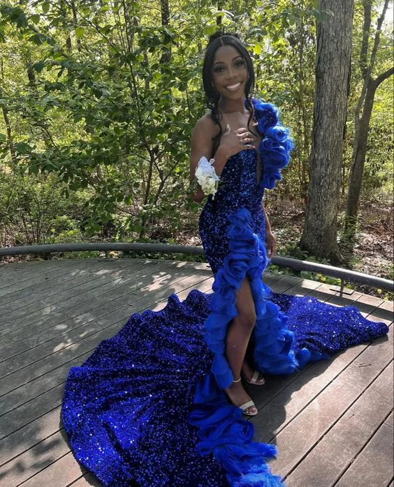 Women's V-Neck DressesRoyal Blue Sequins Long Prom Dresses, Newest Evening Party Dresses, Mermaid Prom Dresses        S3737