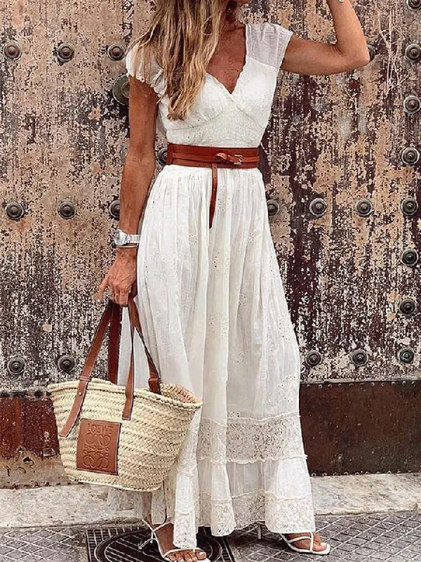 Women's Cap-Sleeve DressesBerriesJam - 2024 Vintage White Lace Casual Beach Maxi Dress