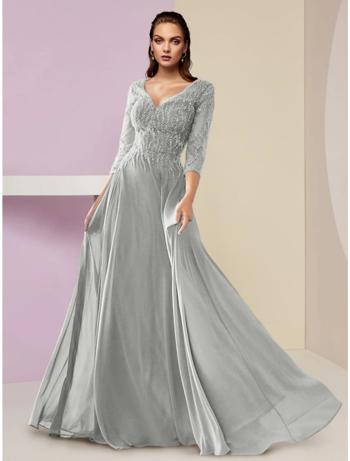 Women's Keyhole-Neck DressesA-Line Mother of the Bride Dress Wedding Guest Party Elegant V Neck Floor Length Chiffon 3/4 Length Sleeve with Sequin Ruching