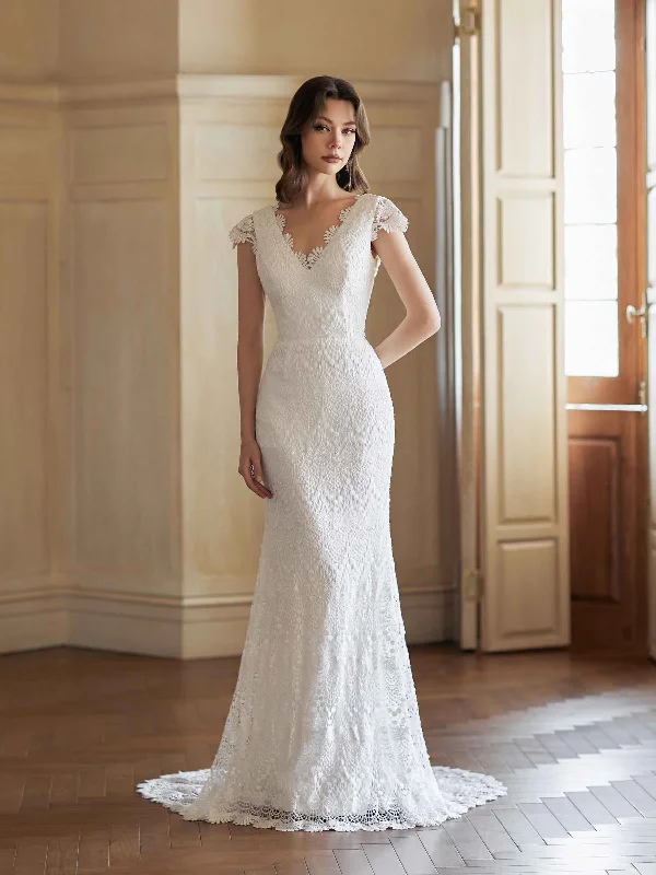 Women's V-Back DressesSexy Mermaid Open Back V-neck Maxi Long Lace Wedding Dresses Online