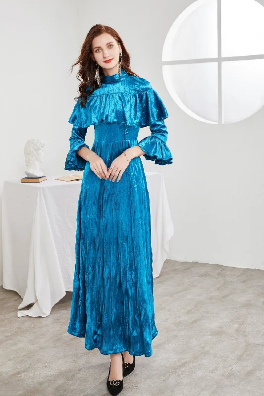 Women's Sweetheart-Neck DressesFashionSierra - O Neck Long Sleeves Beaded Ruffles Elegant A Line Maxi Party Prom Dress