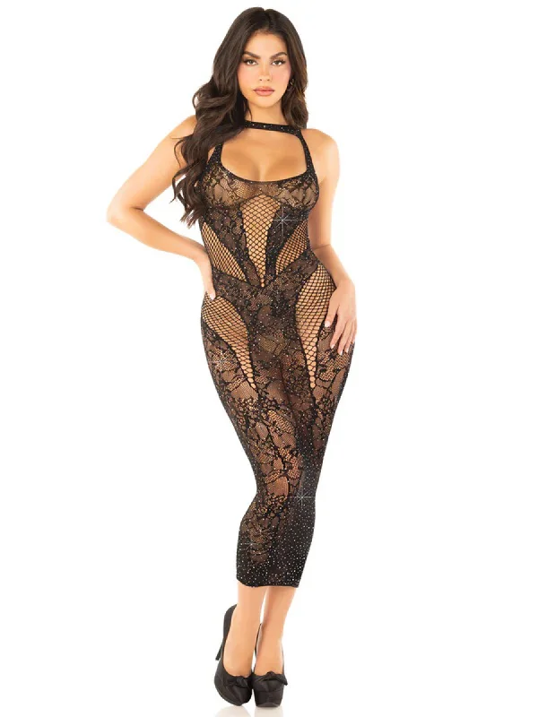 wireless bra with foam cups for shapeSeamless Rhinestone Lace and Net Body Con Dress -  Os - Black