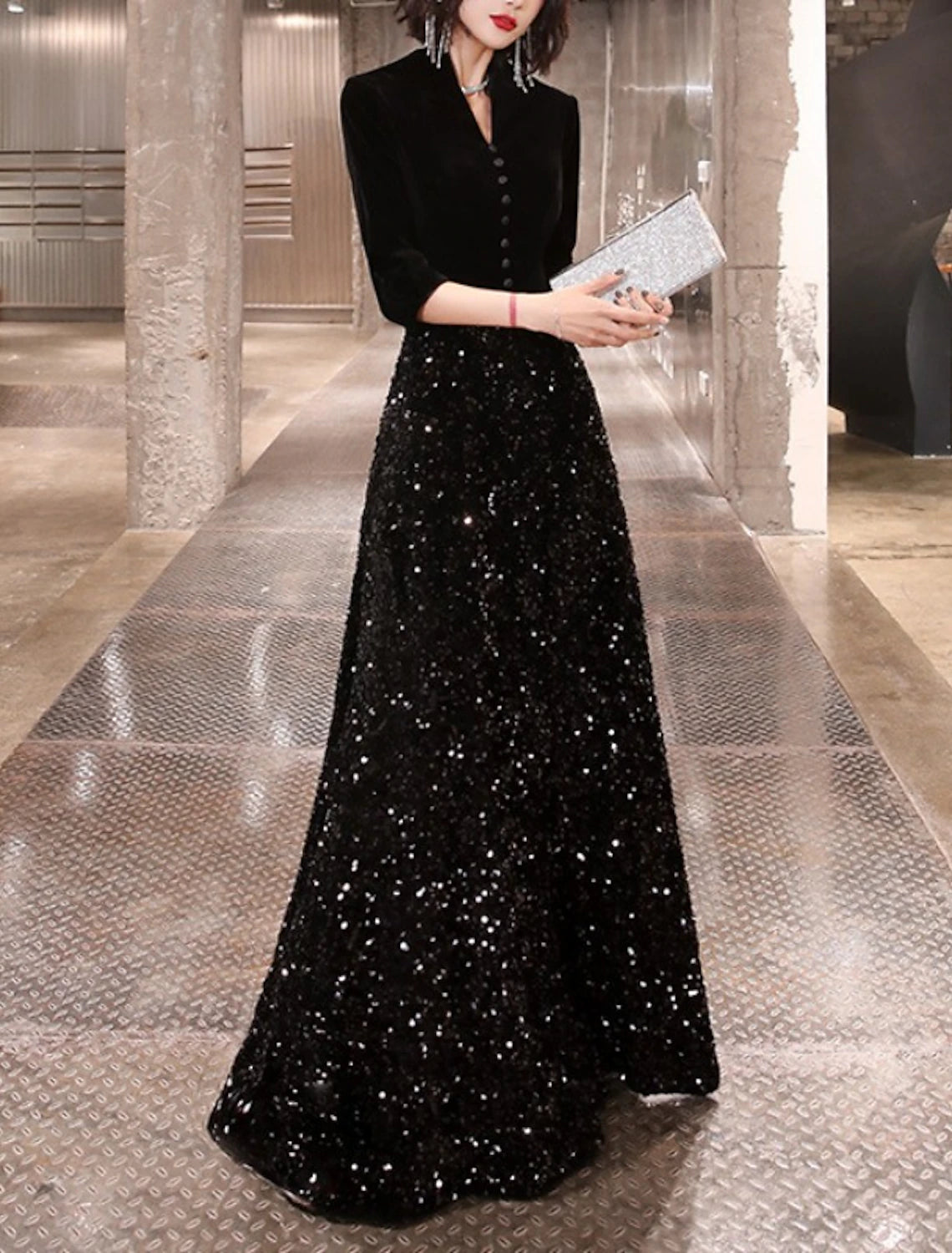 Women's Shirt Collar DressesSheath / Column Mother of the Bride Dress Wedding Guest Party Sparkle & Shine Petite V Neck Floor Length Sequined Velvet Half Sleeve with Buttons