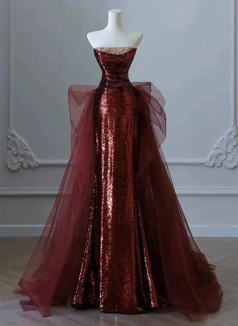 Women's Keyhole-Back DressesGlam Wine Red Sequins And Tulle Long Party Dress, Wine Red Evening Dress Prom Dress    S6443