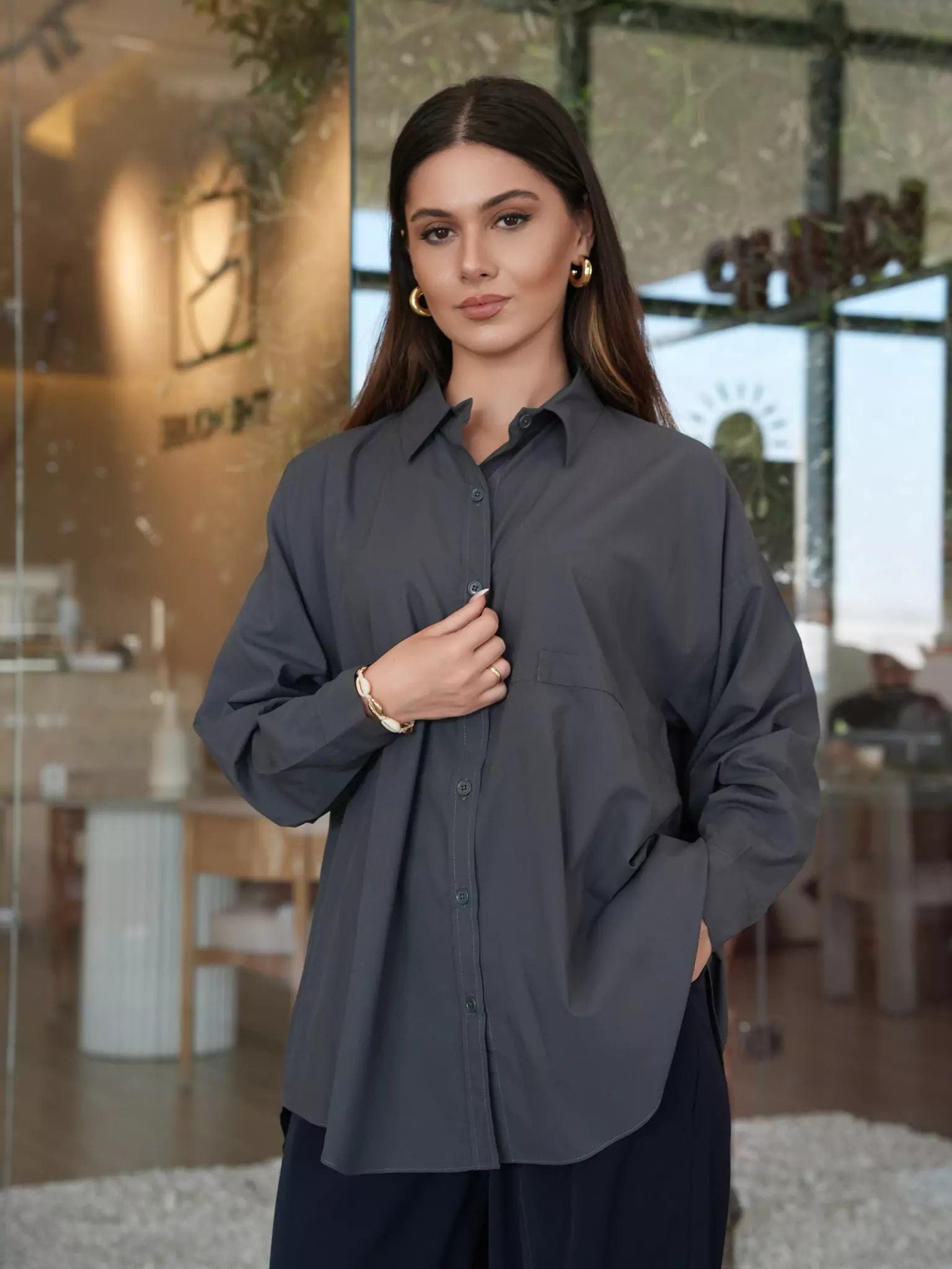 Women's Blouse for PartyOrient Grey Button Down Shirt