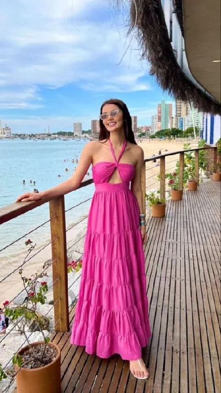 Women's Ruffled DressesHot Pink Halter Sleeveless Party Gown Long Prom Dress      S3601