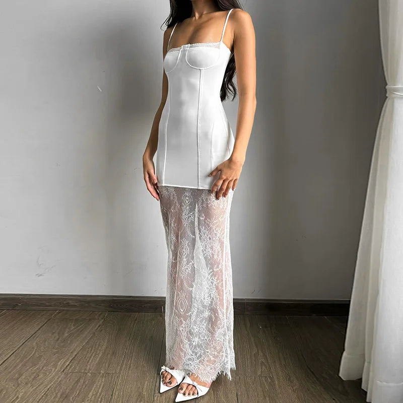 Women's Boat-Neck DressesWhite Lace Patchwork Summer Sexy Sleeveless Slim Charming Stylish Maxi Dress