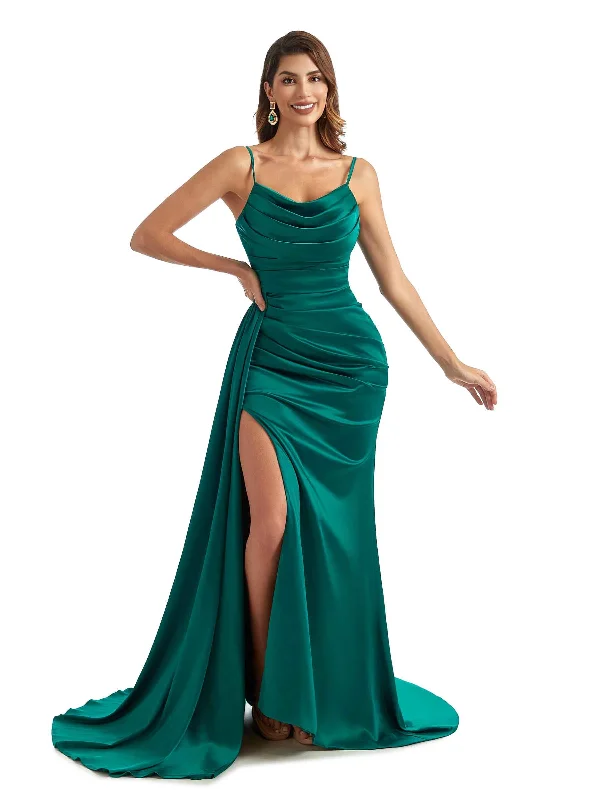 Women's V-Shaped-Neck DressesSexy Side Split Cowl Neck Maxi Chic Satin Spaghetti Straps Formal Bridesmaid Dresses Online