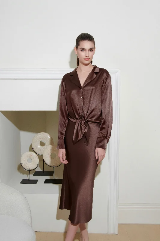 women's pajamas with adjustable waistbandsButton Down Silk Brown Shirt