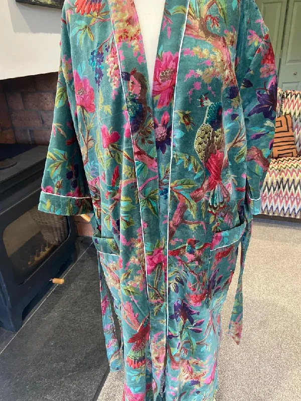 women's pajamas with a subtle shimmerBODNANT Soft, floral, green. Lovely multi-coloured velvet. Dressing Gown