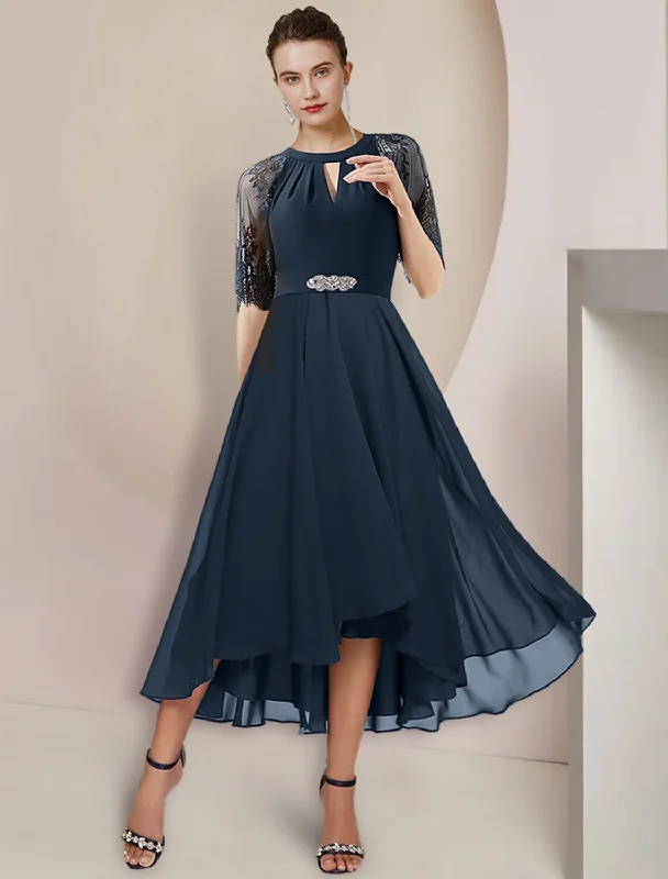 Women's Strapless DressesA-Line Mother of the Bride Dress Formal Wedding Guest Party Elegant High Low Scoop Neck Tea Length Chiffon Lace 3/4 Length Sleeve with Pleats Crystal Brooch