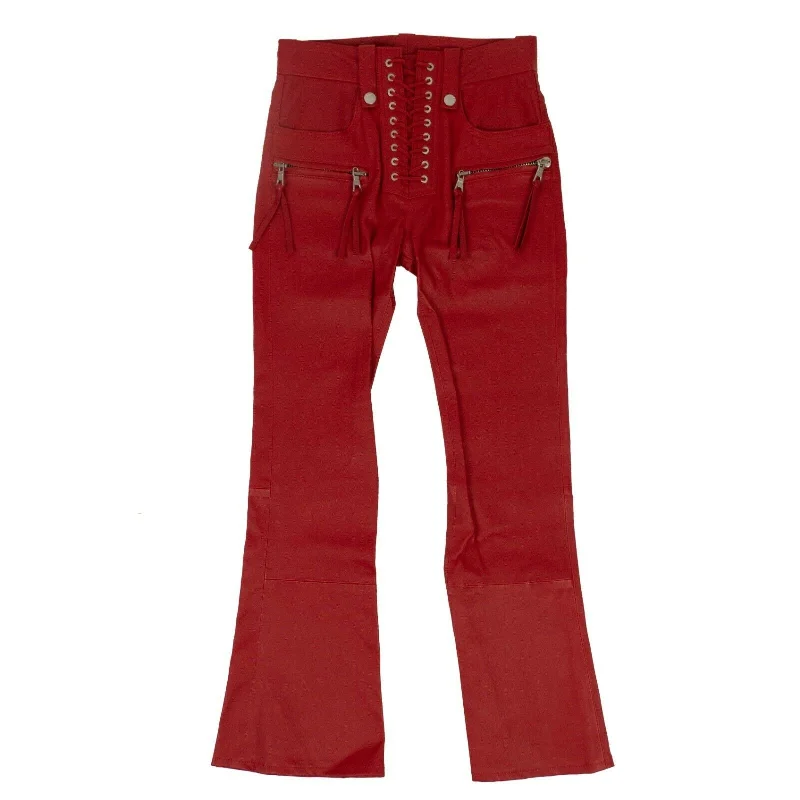 Women's Jodhpurs with Low CollarUnravel Project Leather Cropped Plonge Lace-Up Pants - Red