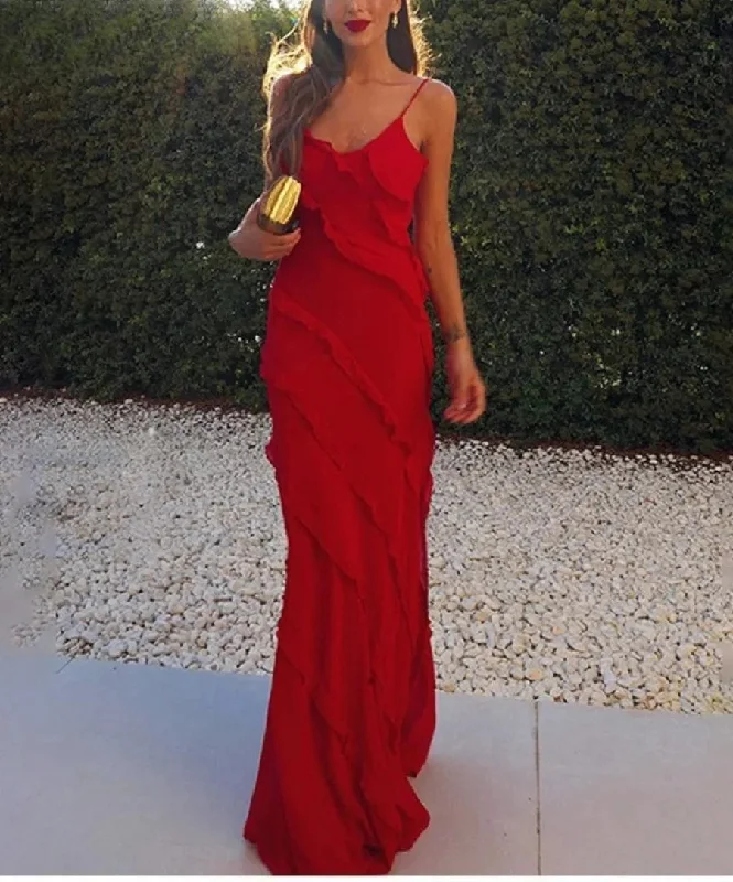 Women's Sweetheart-Back DressesRuffles Chiffon Backless Split Maxi Red Christmas Party Dress