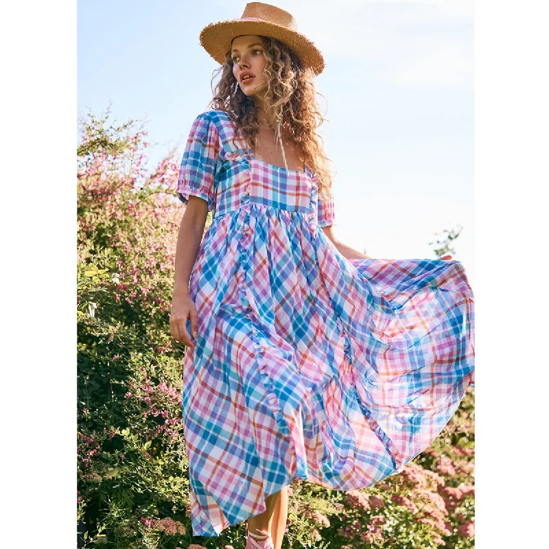 Women's Shawl Collar DressesBerriesJam - 2024Plaid Pattern Square Neck Lantern Sleeve Maxi Dress