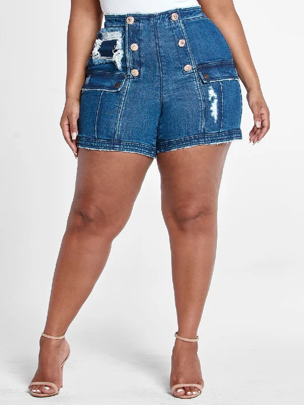 High Rise Sailor Button Denim Shorts