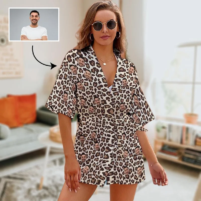 women's pajamas with an adjustable necklineCustom Face Pajamas Robes Leopard White Women's Personalized Pajamas with Photo