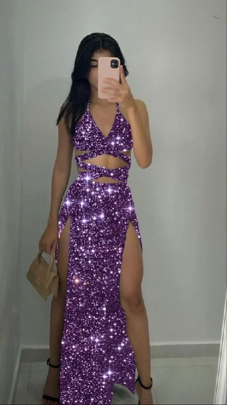 Women's Mandarin Collar DressesSequin Prom Dress,fashion Purple Dress,sexy Party Dress     S3772