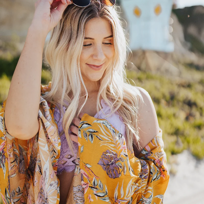 women's pajamas with a fitted designMustard Tropical Leaves Kimono