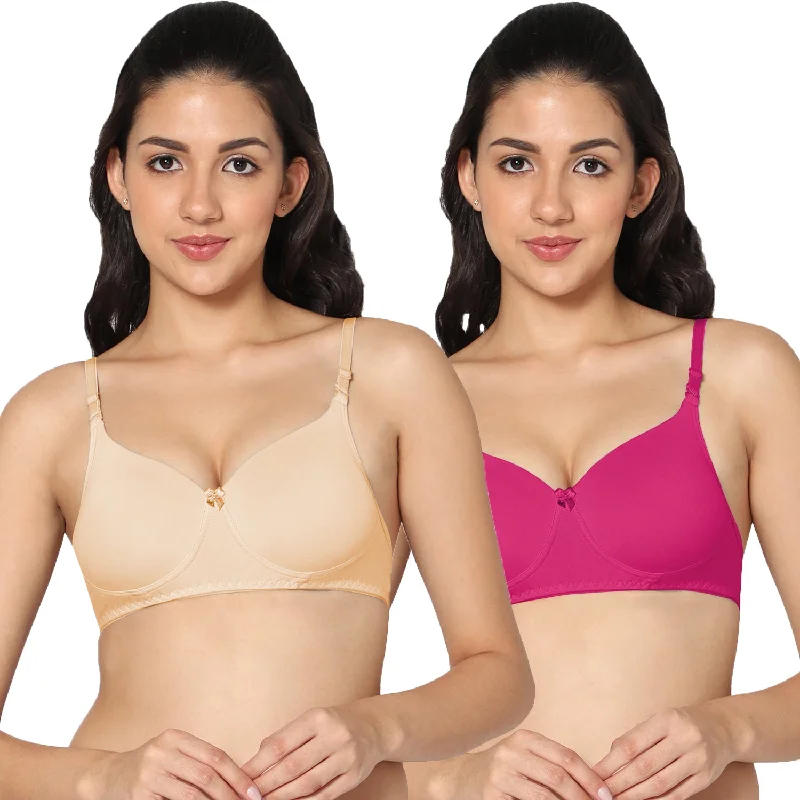 convertible plunge bra with lace trimT-shirt Medium Coverage Padded Magenta and Skin Color Bra (Pack of 2)