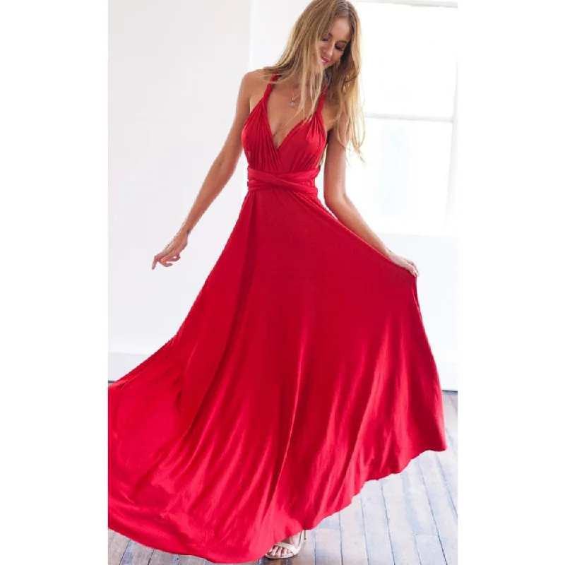 Women's Notched Collar DressesBerriesJam - Sexy Multiway Wrap Convertible Boho Maxi Club Red Dress