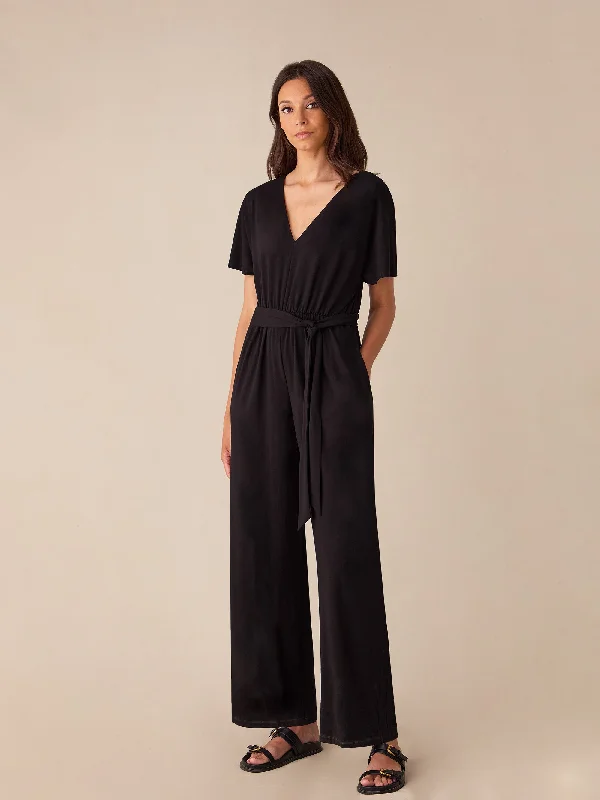 Women's Jumpsuits with Low CollarBlack Jersey Tie Belt Jumpsuit