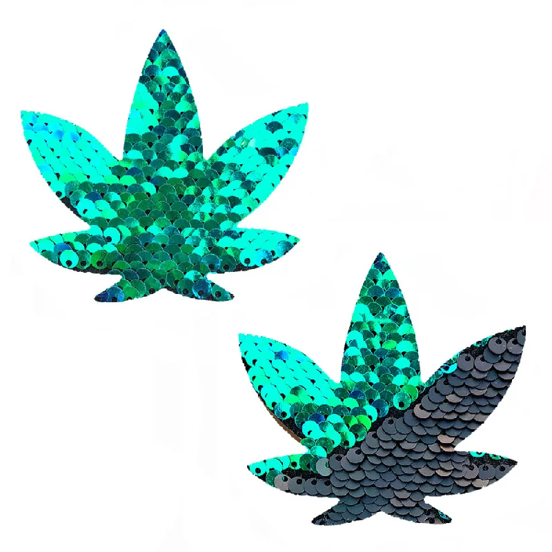 convertible bra with hook-and-eye closureAriel  - Green to Black Flip Sequin Gold Dope Af Weed Leaf Pasties