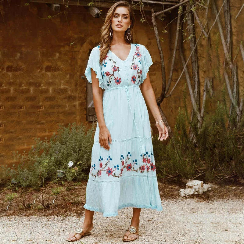 Women's Off-the-Shoulder DressesBerriesJam - Flower Blue Ruffle Godness Maxi Dress