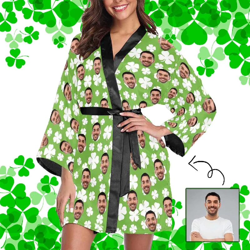 women's pajamas for those who want to feel pampered and lovedCustom Face Pajama Robe Green Clover Personalized Pajamas with Pictures for Women