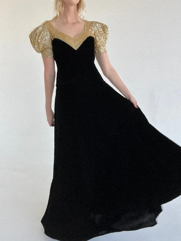 women's pajamas for those who love to dream1930's Black Velvet Puffed Sleeve Gown with Gold Sequin Top