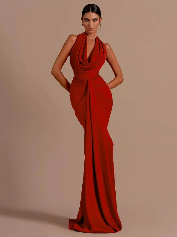 Women's Sweetheart Collar DressesRed Backless Halter V-Neck Maxi Bodycon Christmas Party Dress