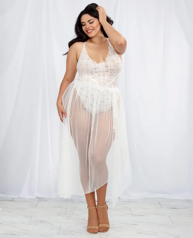 padded balconette braStretch Lace Teddy & Sheer Mesh Maxi Skirt W-adjustable Straps & G-string White 1x