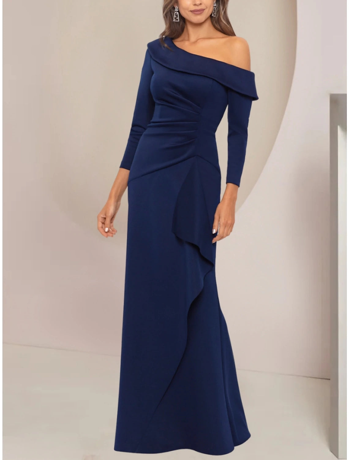 Women's Shawl Collar DressesA-Line Mother of the Bride Dress Wedding Guest Party Elegant Off Shoulder Floor Length Stretch Fabric Long Sleeve with Ruffles Solid Color